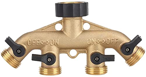 4 Way Hose Splitter Full Connector, 3/4 Solid Brass Heavy Duty Water Valve Garden Tap Hose Adapter for Garden Irrigation