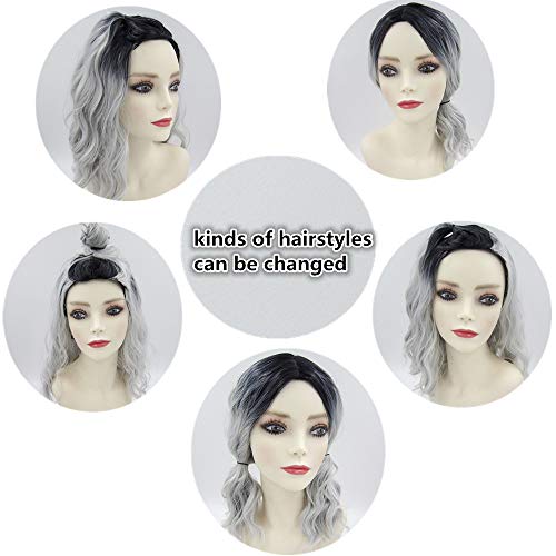 ZM Ombre Silver Wavy Short Wig Curly Wavy Shoulder Length Bob Synthetic Cosplay Wig for Women's Wigs T1B-Silver