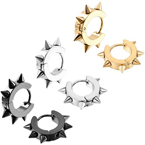 Silver Gold Black Stainless Steel Hoop huggie Earrings Awl Taper Rivets ( 3 Pairs )