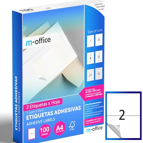 M-Office Self Adhesive Labels - Printable White Multiple School Labels for Jars and Notebooks Daily Useful Stickers (2 Labels Per Sheet, 100 Sheets)