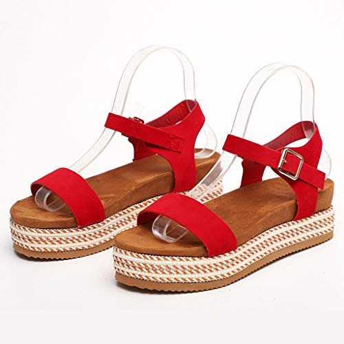BEAUTYVAN Women's Platform Sandals Espadrille Wedge Ankle Strap Studded Peep Toe Sandals Red