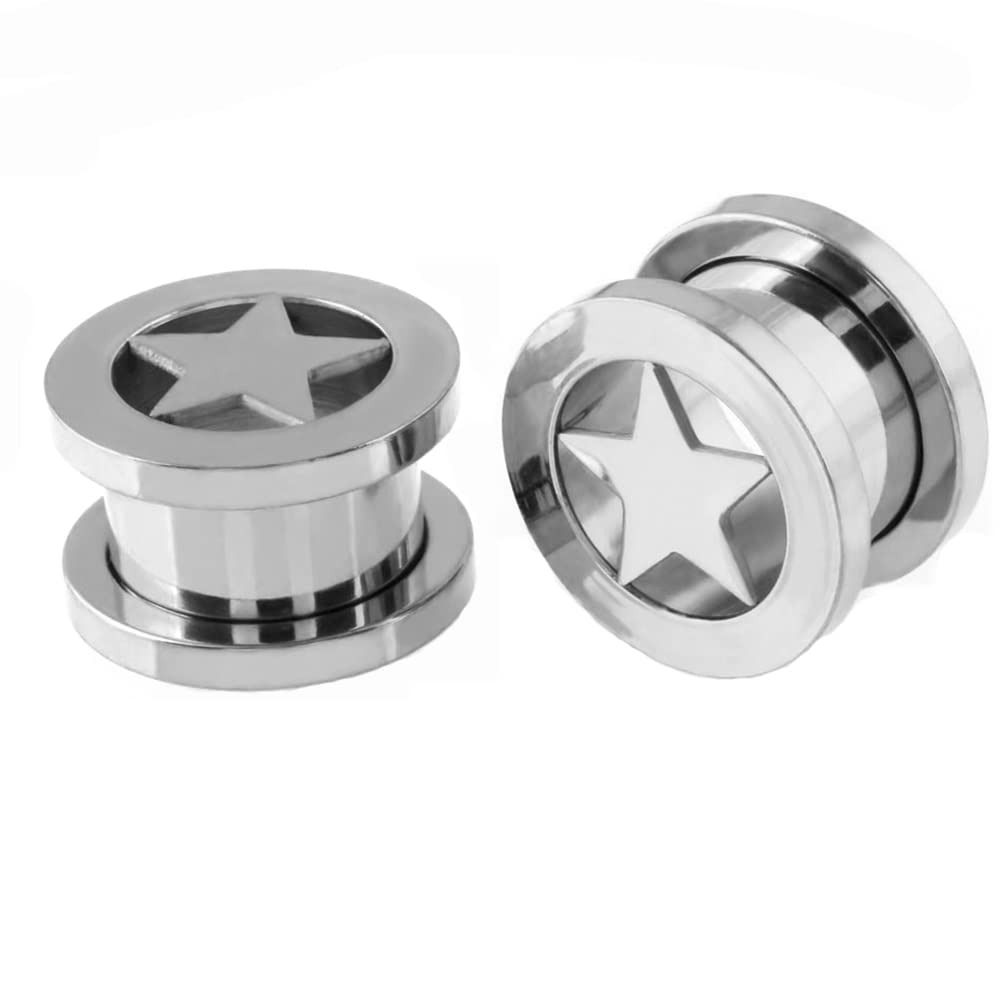 Star Tunnels Plugs Stainless Steel Screw Tunnels Ear Expander Stretcher Piercing Gauges With O-Ring Fashion Punk Black Minimalist Lucky Earring Body Jewelry Gifts for Women Girls (Silver 1/2"(12mm))