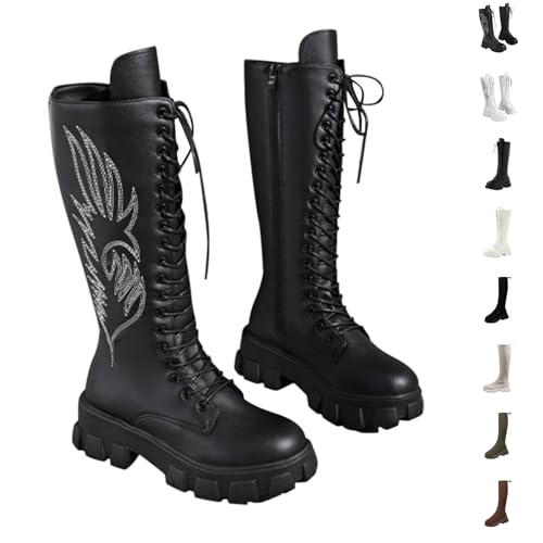 Long Black Boots Womens Knee High Boots - British Style Leather Waterproof Chunky Heel, Lace up Boot Anti-Slip for Everyday Wear or Party Womens Size 5