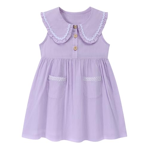HILEELANG Girls Sleeveless Dress Peter Pan Collar with Pockets Purple at Amazon