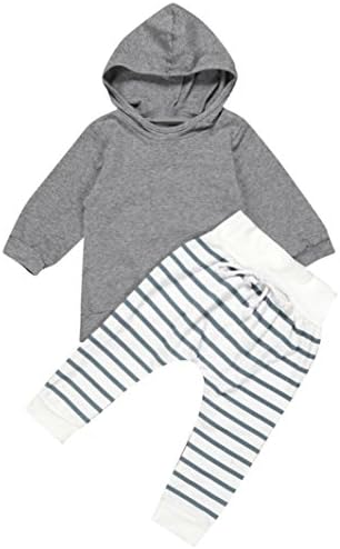 Newborn Baby Boy Girl Hooded Coat Tops+Striped Pants Legging Outfits Clothes Set (3M, Gray)