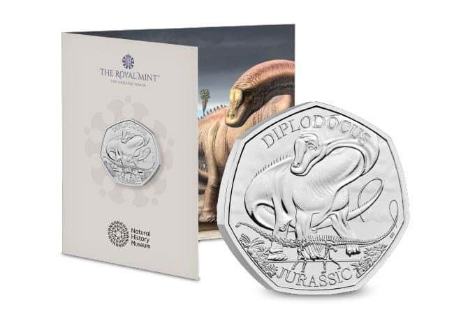 CrawleyCoins 2024 Dino – 03 Diplodocus Dinosaur 50p Brilliant Uncirculated Coin in Mint Pack