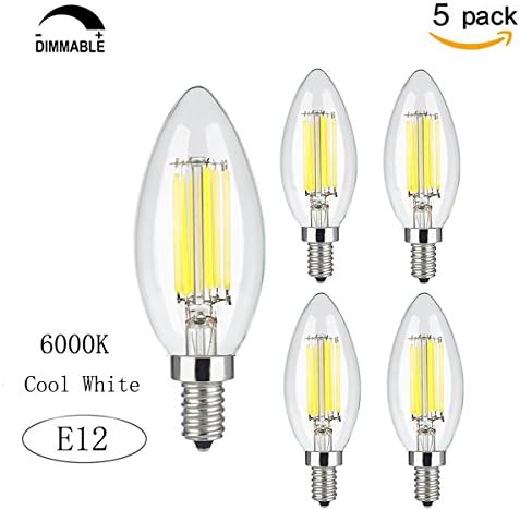 Wonni 6W Dimmable LED Filament Candle Light, 6000K Cool White 600LM Chandelier LED Bulb, E12 Candelabra Base Lamp, C35 Torpedo Shape Bullet Top, 60W Incandescent Replacement -5 Pack