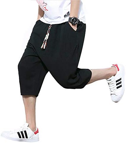 Ransy サルエルパンツ メンズ ズボン 袴パンツ ワイドパンツ サルエル ファッション 麻 七分丈 短パン ショートパンツ カジュアル 夏 無地 調整紐 ゆったり 通気性 大きいサイズ