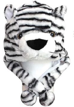 Plush Faux Fur Animal Critter Hat Cap - Soft Warm Winter Headwear - Short with Ear Poms and Flaps & Long with Scarf and Mittens available (White Tiger - Short)
