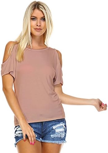 Iaasc Liev Women's Cold Shoulder Open Shoulder Cutout Short Sleeve Top (Medium, Light Mocha)