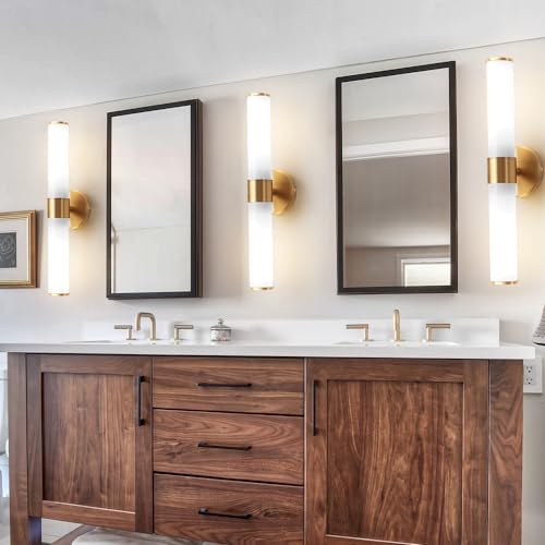 Vaziden Lámparas de baño doradas, luces de tocador para espejo con pantalla de vidrio lechoso, apliques de pared de 50.8 cm arriba y abajo para baño, dormitorio, sala de estar, pasillo - Bombilla no