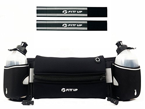 Hydration Running Belt with 2 water Bottles 10 oz BPA Free-Fits all Smartphones-For Running, Race, Marathon, Hiking, Cycling and Climbing-Waterproof Running Belt for Women and Men-Reflective Armband