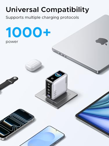 UGREEN 160W 5-Port GaN Charger, Smart Digital Display Screen with Touch Control, 4 USB-C Multi Port Fast Charging Adapter, PD USB C Wall Charger for Laptop MacBook, iPhone 17, GalaxyS26/S25, Pixel 10