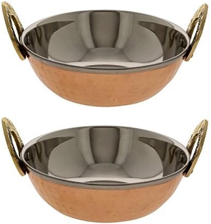 AVS STORE Serving Bowl Copper and Steel Karahi Indian Food Serveware Set of 2 by AVS STORES
