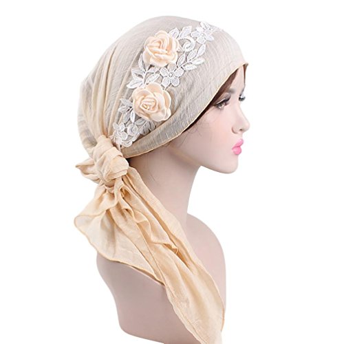 Sunfei Women India Muslim Stretch Retro Floral Cotton Turban Hat Head Scarf Wrap Cap (Beige) - Thumbnail 5
