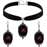 Hremhoo Gothic Spider Cameo Earrings Necklace Set for Women Victorian Halloween Punk Velvet Choker Dangle Earrings Mystery Dark Fantasy Witch Vintage Jewelry Accessories
