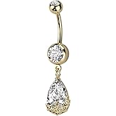 Pierced Owl 14GA Stainless Steel Floral Dangling Pear Shaped CZ Crystal Belly Button Ring