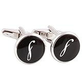 HJ Men's 2PCS Rhodium Plated Cufflinks Silver Initial Letter Shirt Wedding Business 1 Pair Set Black S