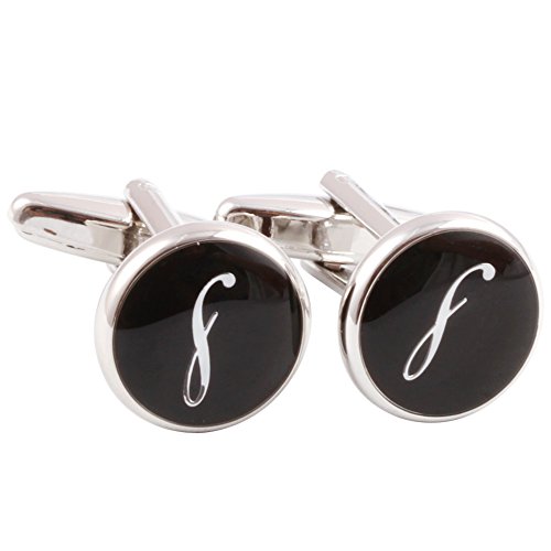 HJ Men's 2PCS Rhodium Plated Cufflinks Silver Initial Letter Shirt Wedding Business 1 Pair Set Black S