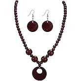 liiusgelad Red Natural Wood Round Beaded Strand Necklace, Chunky Bohemian Costume Jewelry for Women, Multi-Color Big Round Bead Ethnic Statement Necklace for Wedding Gifts ( Green, Black, Orange, Brown, Blue, Yellow)