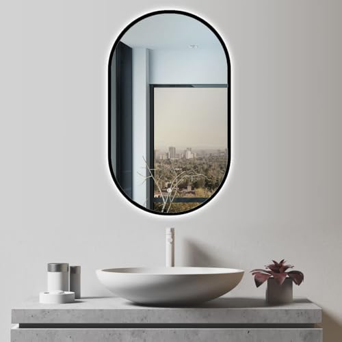 ApeJoy Oval LED Bathroom Mirror 45x75cm Matt Black Metal Frame Bathroom Lighting with Touch Switch Adjustable Mirror Warm White/Cool White Neutral