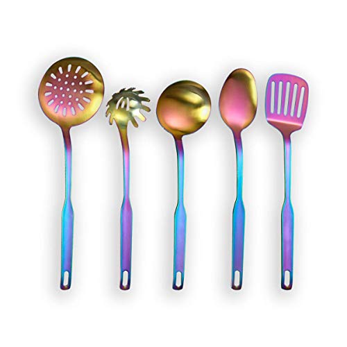 Berglander Stainless Steel Kitchen Utensil 5 Piece With Titanium Colorful Plated, Slotted Tuner, Ladle, Skimmer, Serving Spoon, Pasta Server. Rainbow Kitchen Tools Set (Matte Rainbow)
