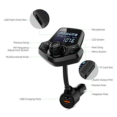 AUTOLOVER Bluetooth FM Transmitter, HY91 Wireless in-Car Bluetooth Car FM Transmitter 1.44 inch Display Supports USB Flash Drive, TF Card, and Daul USB Quick Charger for All Smartphones Audio Players