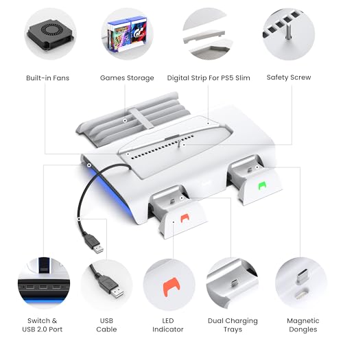 KIWI design D3 Cooling Stand and Charging Station PS5 Slim with RGB Controller, Charger for PS5 Controller, PS5 Slim Accessories with 2 Level Cooling Fan