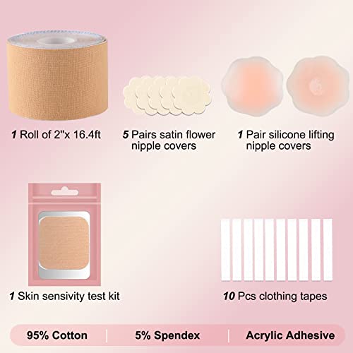 Boob Tape, Replace Your Bra-Instant Breast Lift Tape for A-G, Bob Tape for Breast Lift with 1 Breast Tape, 5 Pairs Satin Breast Petals, 1 Pair Silicone Nipple Stickers, 10 PCS Double Side Tape (2inch)