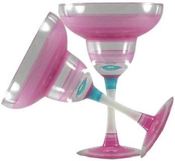 Golden Hill Studio Hand Painted Margarita Glasses Set of 2 - Cape Cod Cottage Pink Collection - Hand Painted Glassware by USA Artists - Unique and Decorative Margarita Glasses, Kitchen Table Décor