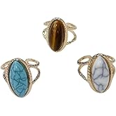 Boho Oval Turquoise Open Statement Knuckle Rings 3 Piece Set for Women Stackable Vintage Green White Brown Natural Gemstone Adjustable Midi Thumb Finger Band Ring Bohemian Western Jewelry Accessories
