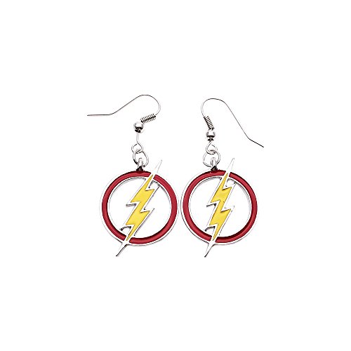 DC Comics Silvertone The Flash Color Lightning Bolt Logo Dangle Earrings with Gift Box)