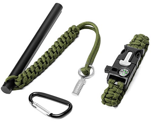 Brame Ferro Rod 6 inch x 1/2 inch Fire Starter and Emergency Bracelet with Compass and Whistle, Fire Starting Survival Gear HSS Steel Scraper Ferrocerium Rod Kit with 9 ft Paracord and Carabiner