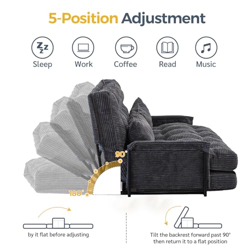 MAXYOYO Adjustable Floor Sofa Bed with 2 Cushions, Multifunctional Ottoman Bed, Folding 5 Position Sofa Bed with Armrests, Versatile Floor Seat for Reading