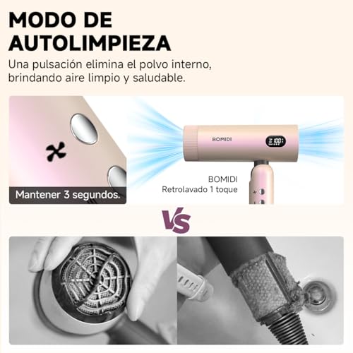 Secadora de Cabello, Bomidi Secador de Pelo Plegable Alta Velocidad Profesional, 100000RPM con ionico de 500M Y Pantalla LED Y Modo Autolimpieza,110-240V, Ideal para Cabello Liso y Ondulado HD08