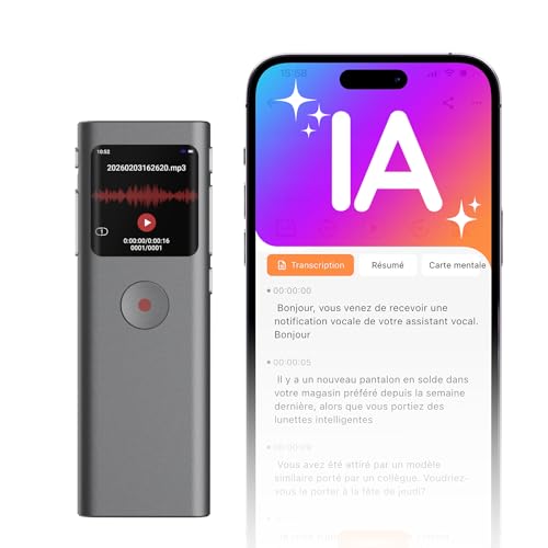 NUASI Enregistreur Vocal IA Dictaphone Numérique avec Transcription, Résumé, 64 Go, 90+ Langues, Enregistrement HD en Un clic, Réduction Intelligente du Bruit pour interviews/Classes/réunions