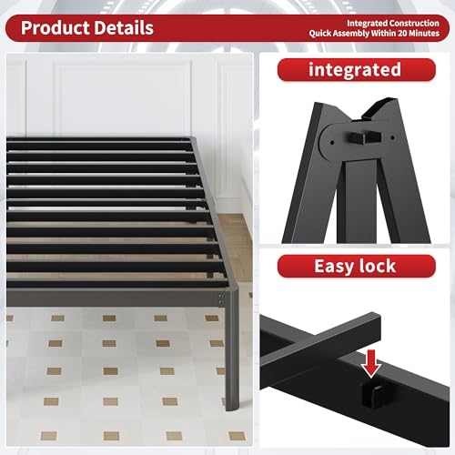 Yicensen Base Cama Matrimonial de 36 cm de Altura, Metal Camas Matrimonial con Patas Redondeadas de Esquina, Plataforma Resistente Cama Muy Resistente Fácil Montaje, Sin Ruido, Negro