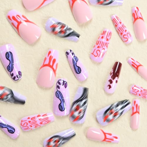 Halloween Press on Nails Medium Coffin Fake Nails Blood False Nails with Design Cute Ghost Glue on Nails Purple Coffin Full Cover Glossy Acrylic Stick on Nails for Women DIY Holiday Nail Decor 24Pcs - Image 4