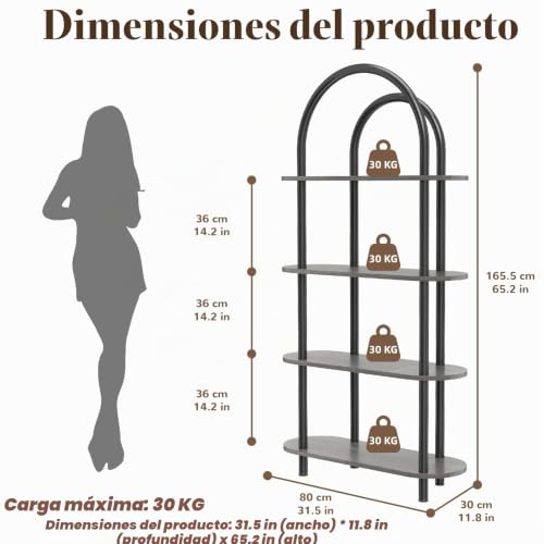YOSHOOT 4 Tier Curved Bookcase with Metal Frame and Wooden Shelves 165cm High Ideal for Living Room Study Office 80 x 30 x 165 cm (Grey Oak)