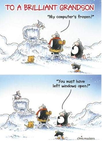 Grandson Humorous Christmas Card from the Eric the Penguin Range -Hotmail, Frozen Computer - for Him, blue white red black, 127 x 176mm
