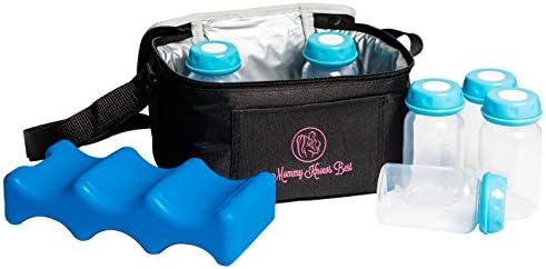Breastmilk Cooler Bag Set for Nursing Mothers - Includes Baby Bottle Cooler Tote, (6) 5 oz Breast Milk Bottles, (6) Solid Lids, Contoured Ice Pack for Insulated Storage - Blue …