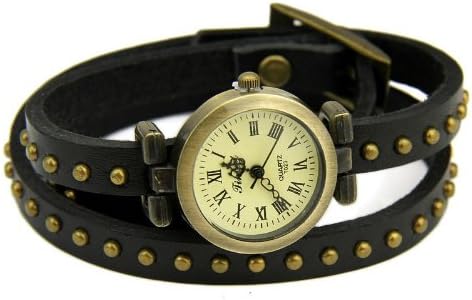 Longing Cow Leather Wrap Around Bracelet Strap Analog Quartz Fashion Wrist Watch - Black