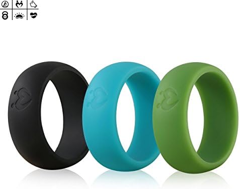 Silicone Wedding Ring for Men, Love Mates Series Silicone Rings, Optimizing Surface, Edge Trimmed Completely, 3 Rings Pack (8, Black, Avocado, Beryl)