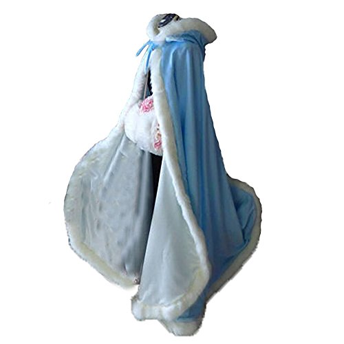 Sky Blue Long Wedding Cloak with Hooded Cape Winter Fur Trim and Hand Muff 50 Inches - Thumbnail 3