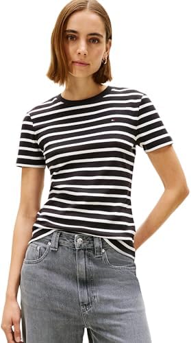 Slim Cody C-Nk SS Ww0Ww40587, Maglietta a Maniche Corte, Donna, Nero (Black/Ecru STP), XL