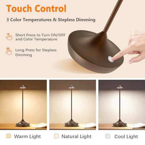 Hapfish Wireless Rechargeable LED Table Lamp, 6000 mAh Outdoor Touch Desk Light, Modern Design Metal Table Lamp, Waterproof, Dimmable, for Bedside, Interior, Patio, Restaurant (Brown)