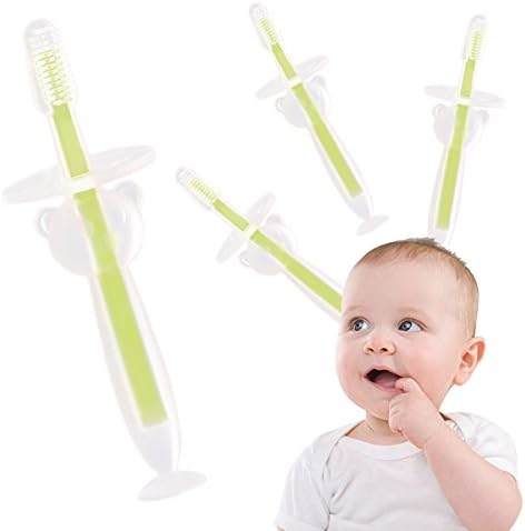 Baby Toddler Infant Toothbrush Set by BOLOLO (4 Pack) Silicone Tooth Brush BPA Free Age 1-2 Extra Soft Bristles Anti-Chocking Design Suction Cup First Training Toothbrush for Babies Green
