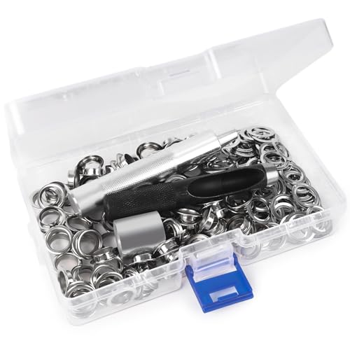 VGOODALL Ösen Werkzeug Kit, 120Stk. Ösen Set 10mm Silber Ösen Scheiben Ösenzange mit 3tlg Werkzeugset für DIY Leder Handwerk Stoff