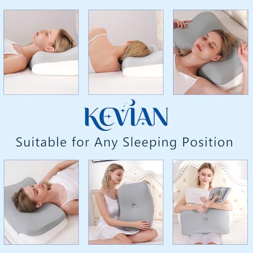 KEVIAN Cervical and Cervical Support Pillow, Ergonomic Curve, High Density Memory Foam Pillow for Side Sleeper, Face Up and Down Sleeping, with Washable Cover, 60 x 37 x 13/12 cm