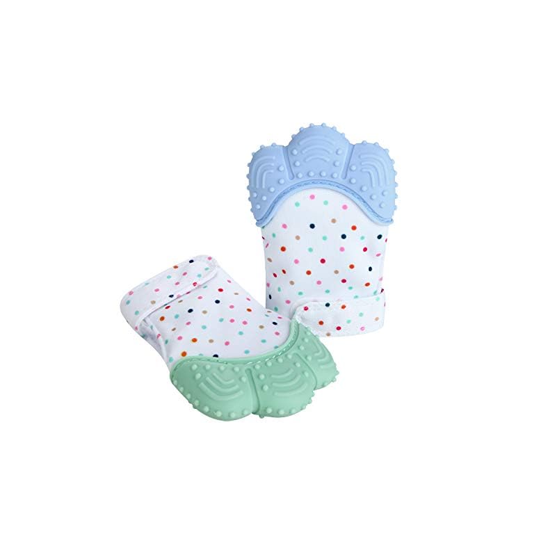 PandaEar Soothing Teething Mitten 2 Pack, Pain Relief, Protection Glove, Stimulating Teether, 0-12 Months (Blue Green)